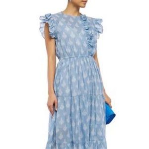 NWT Maje Reffle-trimmed Printed Cotton-voile Maxi Dress Blue US Szie M